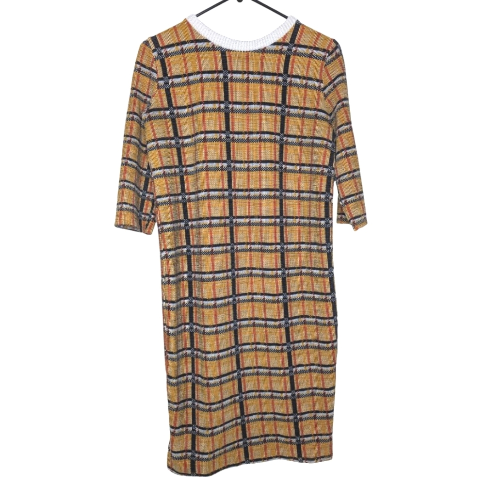 Zara Tartan Mustard Yellow Retro Checkered Half Sleeve Midi Dress Size Small